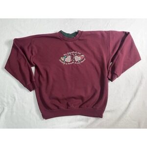 Pullover Sweatshirt Burgundy Green Embroidered Heart Family Women's Long Sleeve